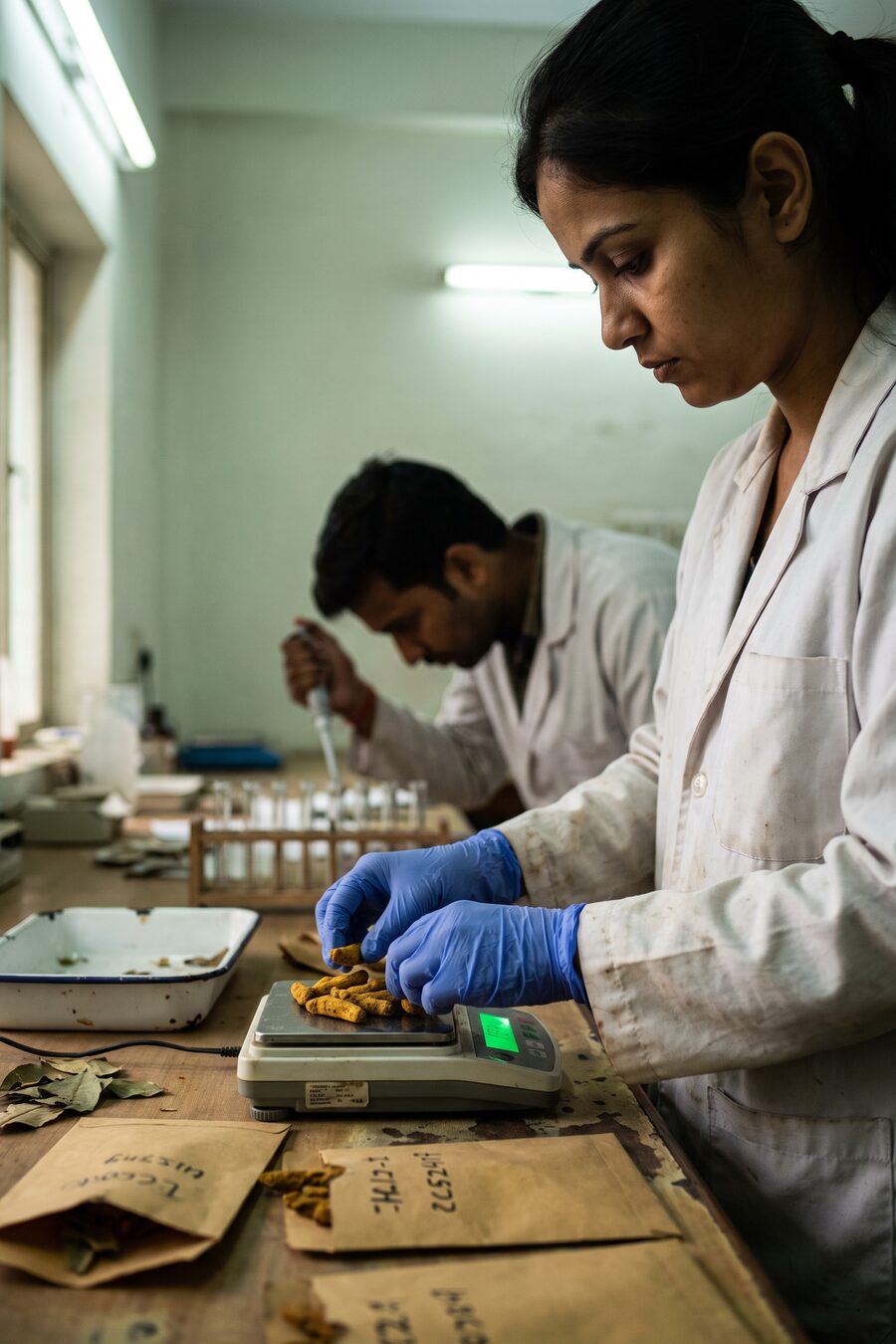 A researcher in a lab coat weighing dried turmeric root while a colleague pipettes behind her